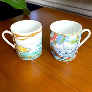 2 AUTH HERMES Porcelain from Paris “Patchwork” by Tasse Jonque Nautical Tea Cups